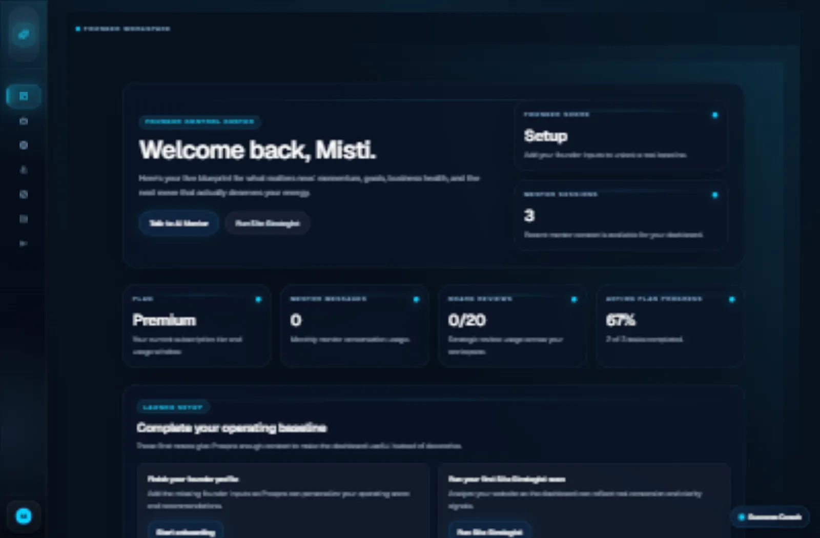 Prospra dashboard: founder blueprint with mentor sessions, setup checklist, and operating baseline progress.